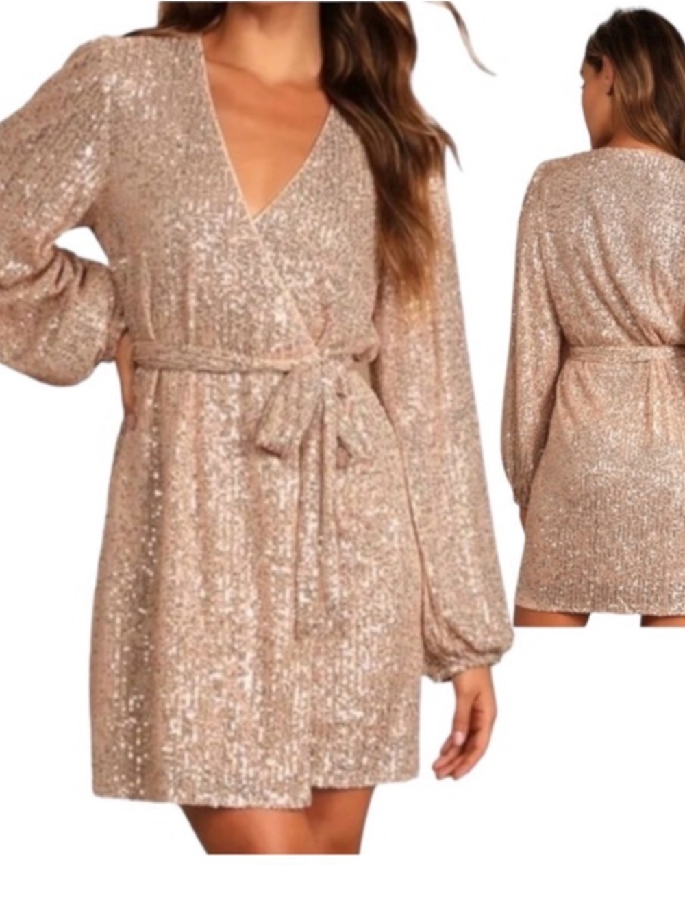 Sequin V-Neck Long Sleeve Wrap Mini Dress in Rose Gold